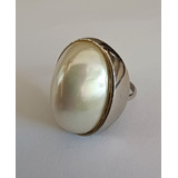 Anillo Dama Con Perla Oval En Metal  Blanco Usado