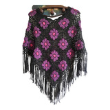 Poncho Tejido A Crochet Algodón Color Negro Flores Moradas