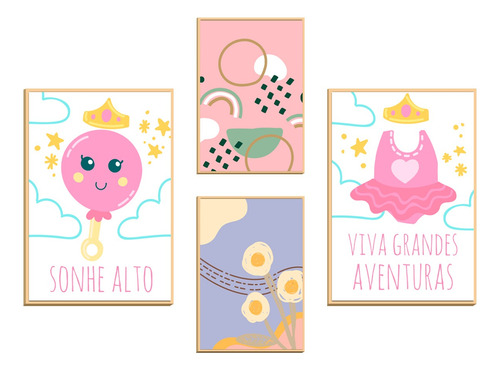 Quadros Decorativos Infantil Quarto Frase Kit Com 4 Molduras