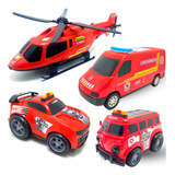 Kit 4 Brinquedo Bombeiro Carrinho Helicóptero Menino Policia