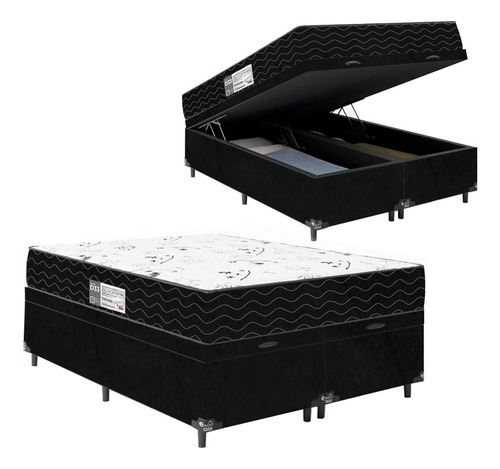 Cama Box Baú Casal Bipartido + Colchão D33 One Face - Preto