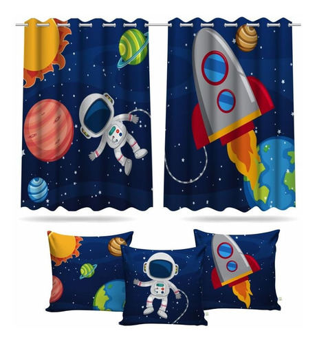 Kit Cortina Quarto Astronauta Menino + 3 Capas Almofadas