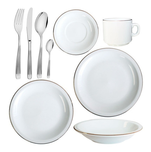 Set 48pz Vajilla Porcelana Tsuji 499 + Cubiertos Acero Rayad