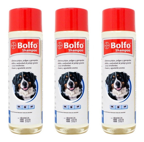 Pack 3 Bolfo Shampoo Bayer 350ml Antipulgas, Piojos Garrapat