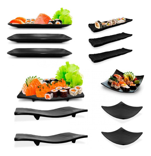 Kit 12 Peças Pratos Em Melamina/plástico Preto Para Sushi