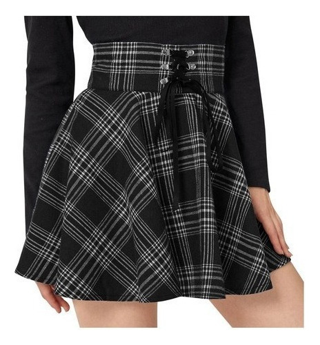 Women Retro Punk Plaid Print Strap Zipper Short Skirt 1