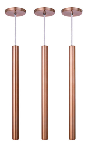 Kit 3 Pendente Tubo Rose Gold Cabo Cristal 50 Cm + Led