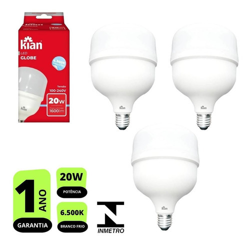 Kit 3x Lâmpadas Led Bulbo 20w Branca Fria 6.500k E27 Bivolt Cor Da Luz Branco-frio 110v/220v