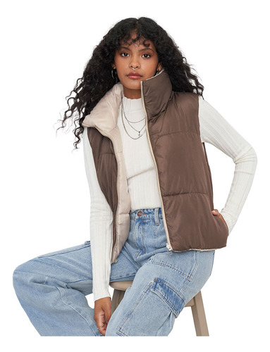 Puffa Mujer Sin Mangas Reversible Cafe/beige Corona