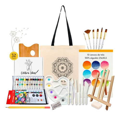 Set Arte Kit Pinturas Óleos Croquera 10 Lienzos Atril 32 Pcs