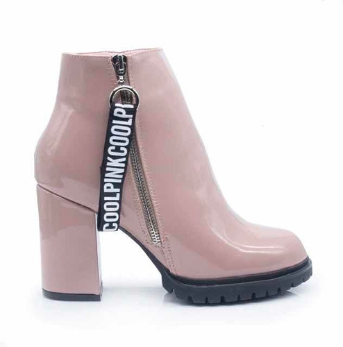 Botas Botineta Moschi Nude Rosa De Charol Cool Pink Con Taco