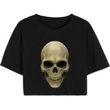 Cropped T Shirt Camiseta Casual Caveira Realista Crânio Osso