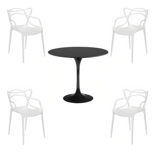 Comedor Tulip Negro 80cm - 4 Sillas Master Blancas