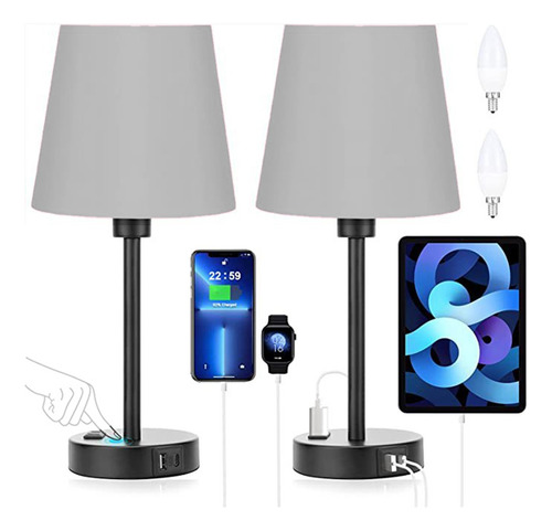 Lámpara De Mesa Noche Buró Touch  Con Usb Y Led Bulbo 2pcs