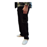 Jeans Baggy Mom Negra Cargo Costuras Blancas Rigido