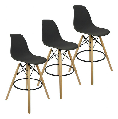 Kit 3 Banquetas Charles Eames Eiffel Wood Base Fixa Madeira Cor Preto