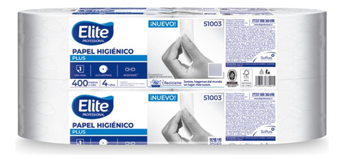 Elite Papel Higienico Plus Una Hoja 400 Metros 4 Rollos