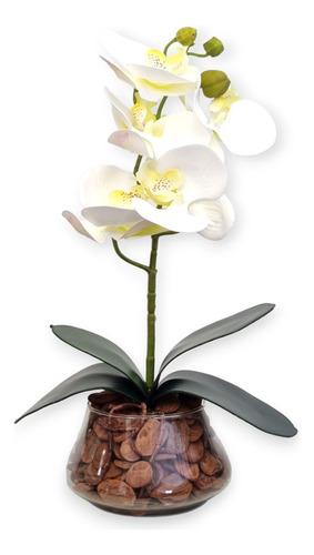 Arranjo Orquídea Artificial Silicone Branca 3d Vaso De Vidro