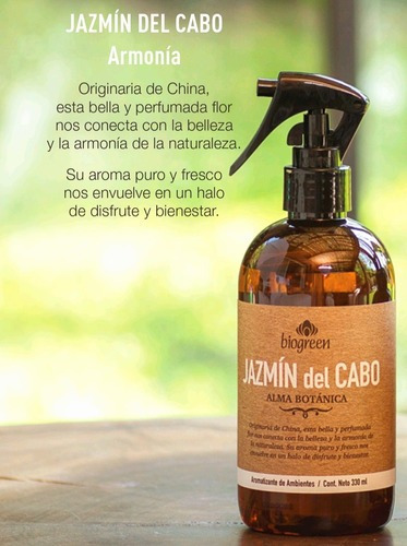 Aromatizante Biogreen Jazmín Del Cabo 330ml Con Gatillo 