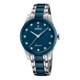 Reloj Festina Ceramic Para Mujer F20499/2 Ss Color De La Malla Plateado Color Del Bisel Azul Color Del Fondo Azul