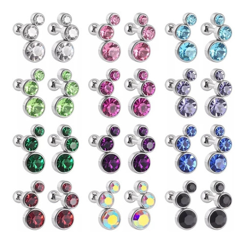 Aros Piercing Triple Circon Tope Con Hilo Acero Colores 