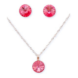 Conjunto Collar Aros Swarovski Rosado Plata Ley 925 Estuche