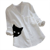 Camisa Manga Larga Mujer Algodón Lino Gato Estampado Blusa 7