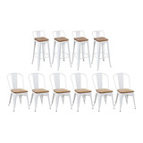 6 Cadeiras + 4 Banquetas Altas Tolix Encosto Assento Madeira Cor Da Estrutura Da Cadeira Branco - Madeira Rústica Clara