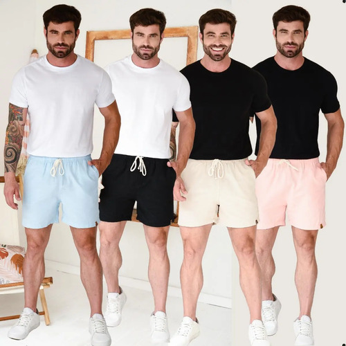 Kit 4 Bermuda Short Masculino Linho Cordão Curto Slim | Frete grátis