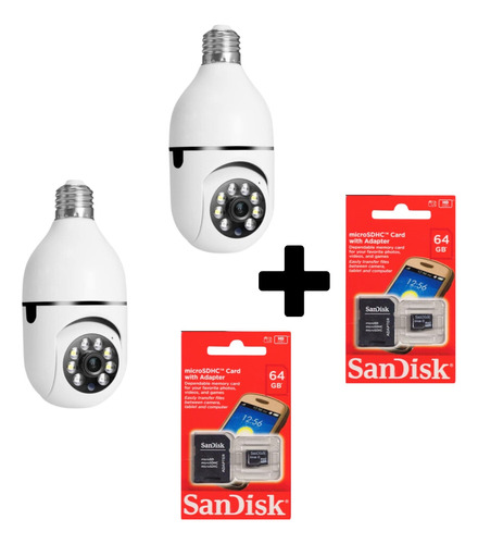 Kit 2 Cameras Lampada Segurança+ 2 Cartões De  Memória 64gb