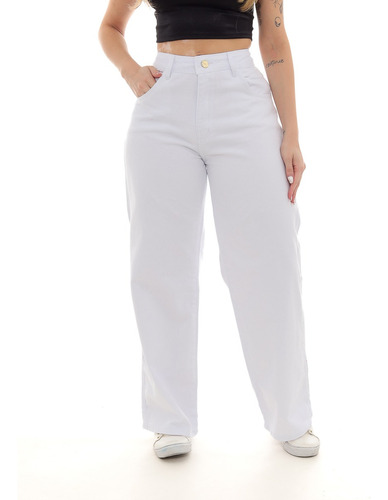 Calça Jeans Pantalona Wide Leg Branco Zero Transparência 