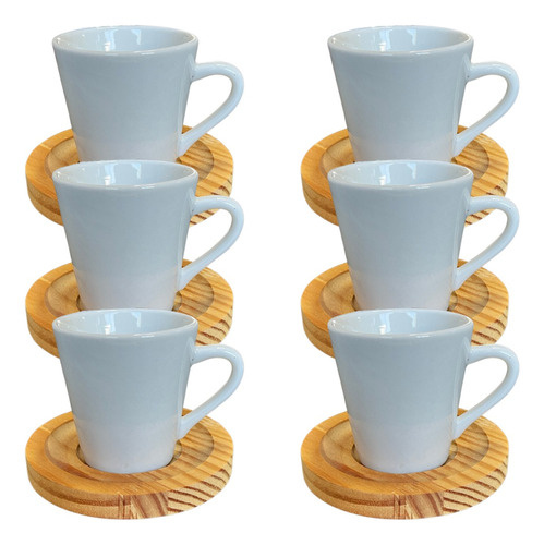 Conjunto 6 Xícara Porcelana 120ml Café Chá Com Pires Madeira