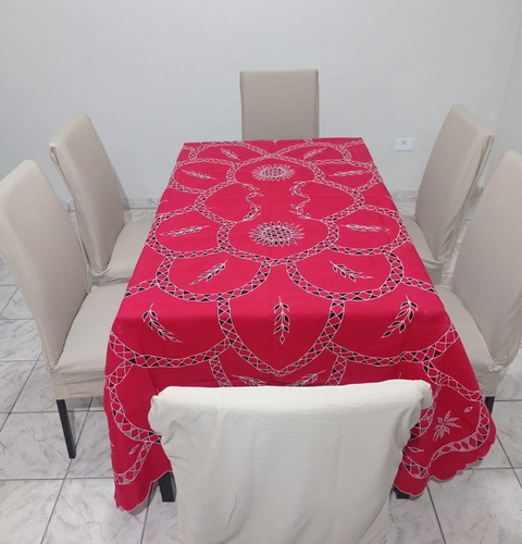 Toalha De Mesa De 6 Cadeiras Bordado Caseado Rechilieu M2,25