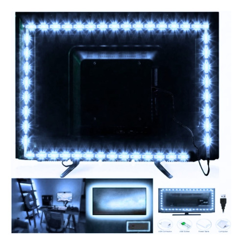 Fita Led 5050 Usb Branco Frio 3 Metros Fundo Para Tv E Pc 