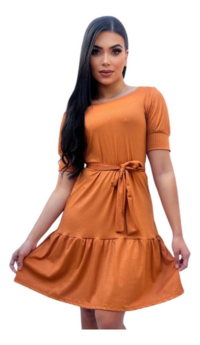 Vestido Feminino Com Babado Rodado Na Barra Mangas Bufantes