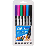 Caneta Brush Pen Pincel Dual Aquarelável Cis 6 Cores Normais