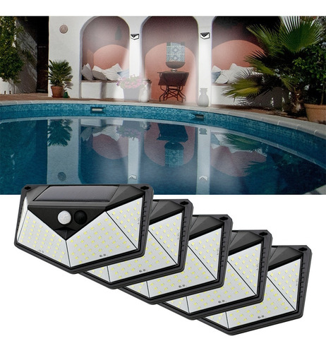 Kit 5 Luminária Parede Solar 100 Leds Luz Balizador Jardim