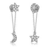 Aretes Con Cadena Luna Y Estrella Plata 925 Colgantes