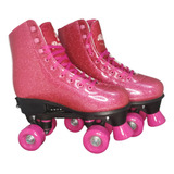 Patins Roller Skate Ajustável Rosa Glitter 4 Rodas 31 A 34