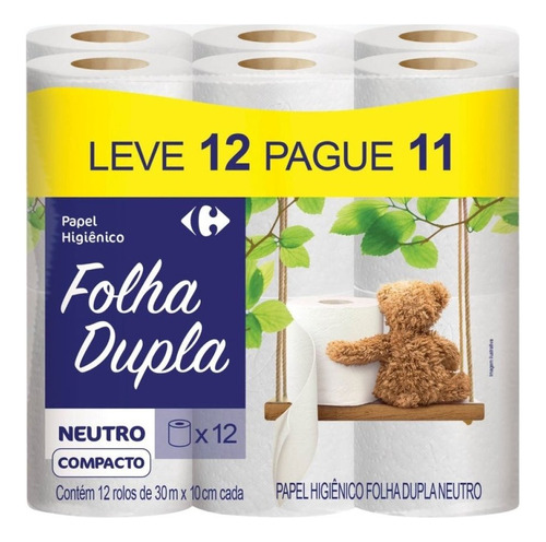 Papel Higiênico Folha Dupla 30 Metros Carrefour 12 Unidades