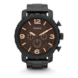 Relógio De Pulso Fossil Nate Com Corpo Preto,  Analógico, Para Masculino, Fundo  Marrom, Com Correia De Aço Inoxidável Cor Preto, Agulhas Cor Marrom-claro E Marrom, Subdials De Cor Marrom-claro, Subes