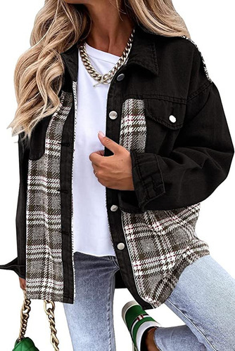 Señoras Chaqueta Denim Manga Larga Plaid Camisa Moda Casual