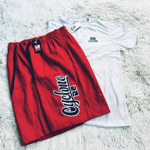 Kit Bermuda Da Cyclone Veludo Red Top+ Camiseta White