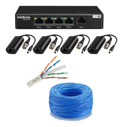 Kit Power Balun 4 Canal Camera Até 4k Intelbras Cabo Cat6