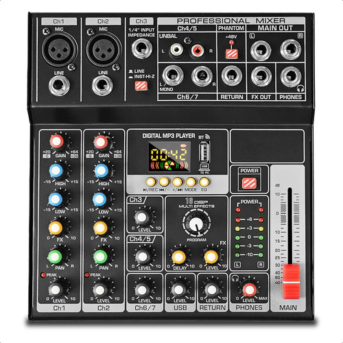 Consola Mixer 7 Canales Interfase Grabacion Bluetooth Usb Fx