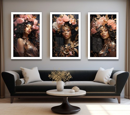 Kit3 Quadros Decorativos Grande Sala Quarto Mulher Flores Ys