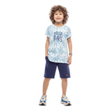 Conjunto Masculino Infantil Camiseta Folhas Bermuda Moletom 