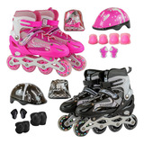 Kit Patins Infantil 4 Rodas Preto E Rosa Com Led + Capacete