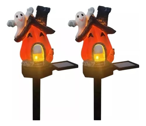 X2 Estacas Calabaza Halloween Solar Con Fantasma Luz Calida