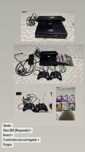 Xbox 360  - Bloqueado + Kinect + 2 Controles + 6 Jogos